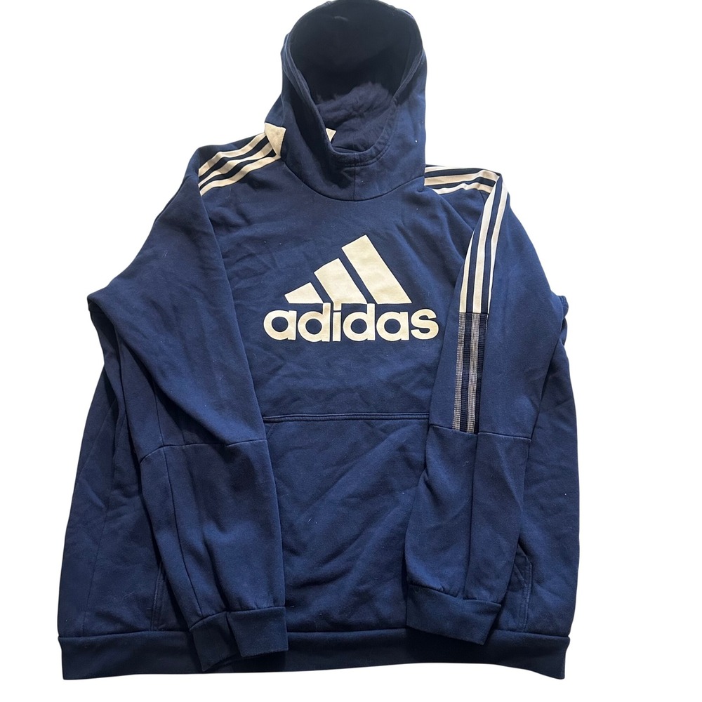 Adidas Hoodie Mens 2XL Navy Blue Big Logo Three Stripe Pullover Outdoor GH4464